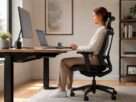 Osoba pravilno sedi na ergonomskoj stolici u modernoj kućnoj kancelariji dok radi za računarom.