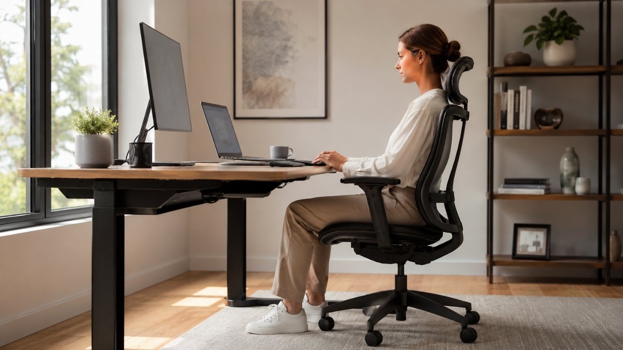 Osoba pravilno sedi na ergonomskoj stolici u modernoj kućnoj kancelariji dok radi za računarom.