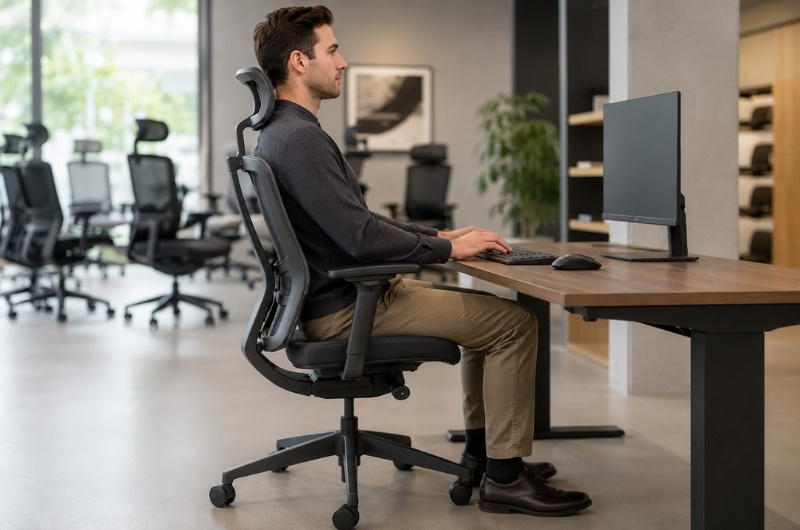 Muškarac pravilno sedi na ergonomskoj kancelarijskoj stolici u modernom radnom prostoru i koristi računar za stolom.