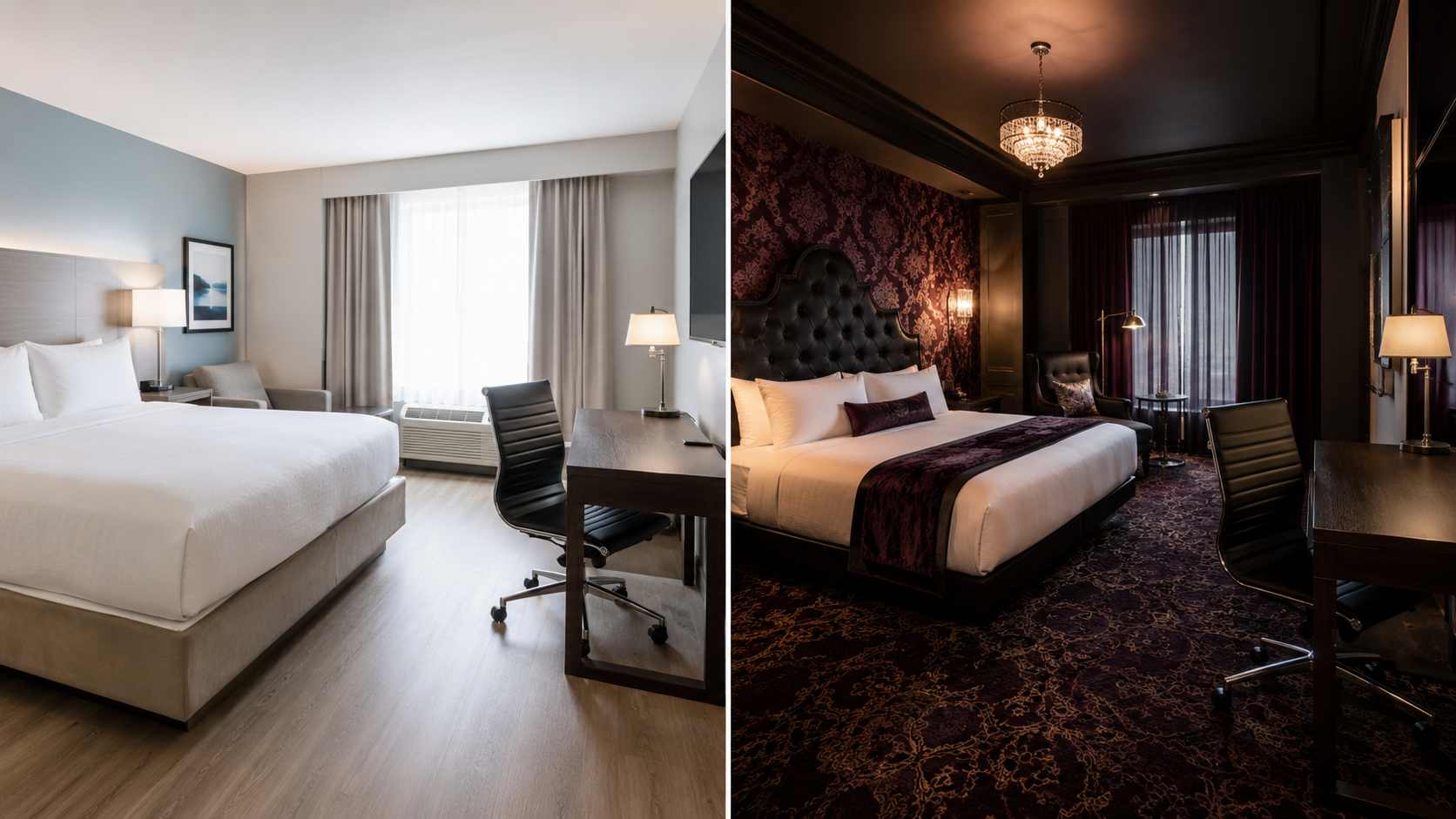 Dve različite hotelske sobe prikazane su jedna pored druge, sa istim radnim stolom i crnom kancelarijskom stolicom.
