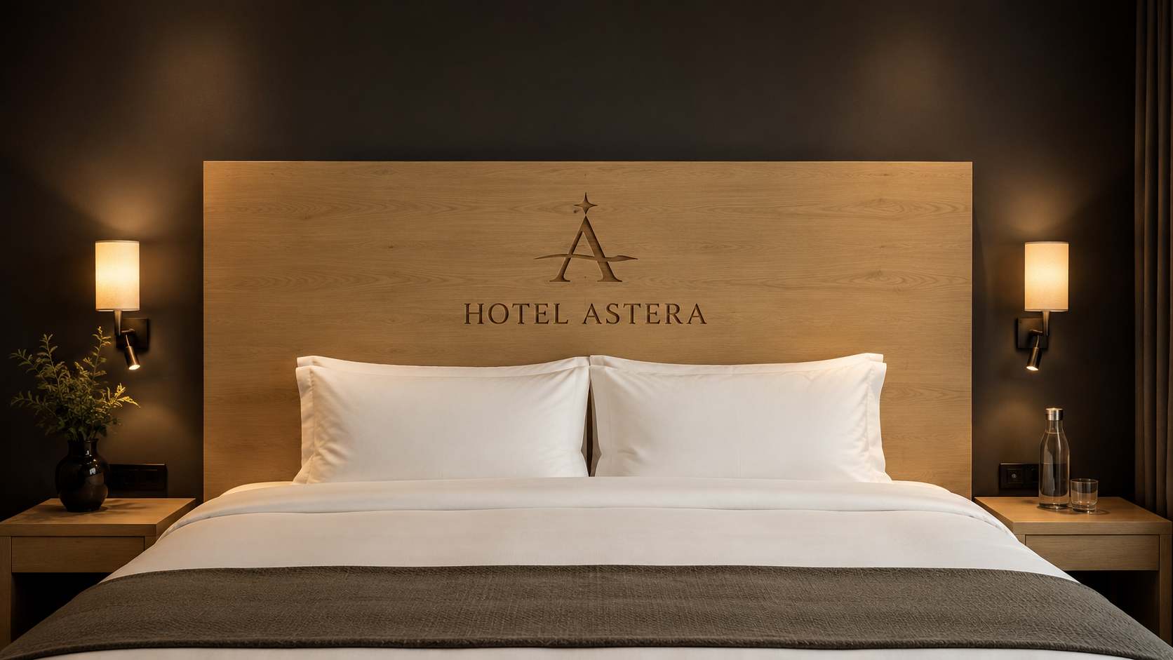 Uzglavlje od svetlog drveta unosi toplinu u hotelsku sobu, dok taman zid iza kreveta daje jači kontrast i ističe logo hotela. Ovakvo rešenje je dobro za standardne hotelske sobe jer deluje uredno, jasno i lako se uklapa sa belom posteljinom, noćnim lampama i jednostavnim nameštajem.