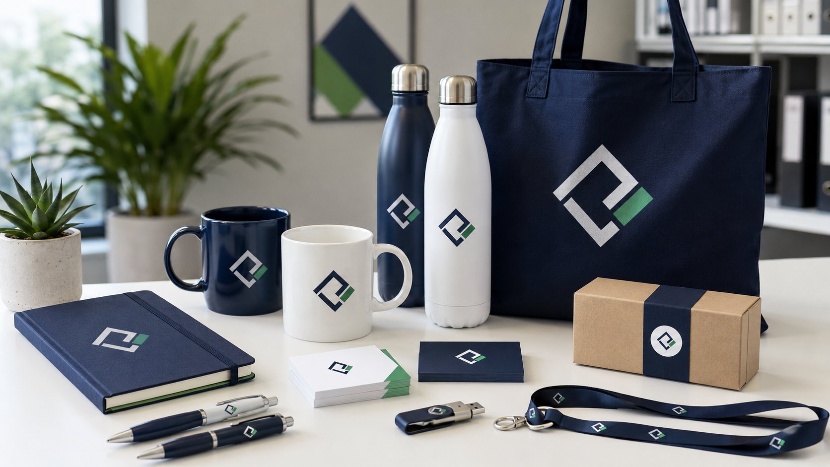 Brendirani reklamni materijal za firmu sa logotipom, uključujući šolje, boce, torbu, notes i olovke