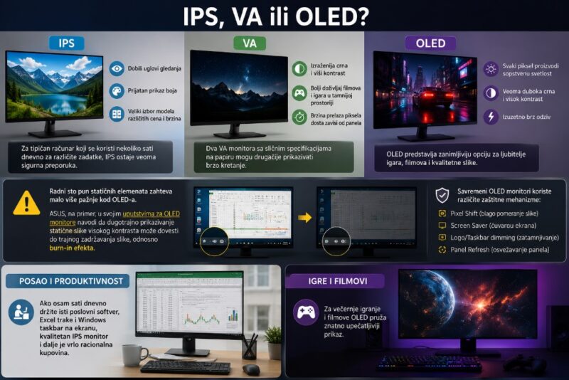 Poređenje IPS, VA i OLED monitora prema kvalitetu slike, kontrastu, odzivu i nameni