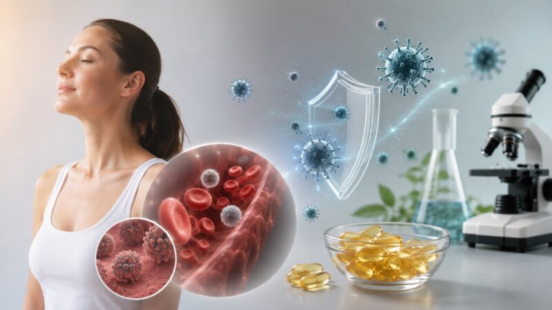 Žena, žute kapsule, krvne ćelije i laboratorijska oprema kao prikaz istraživanja imunskog odgovora