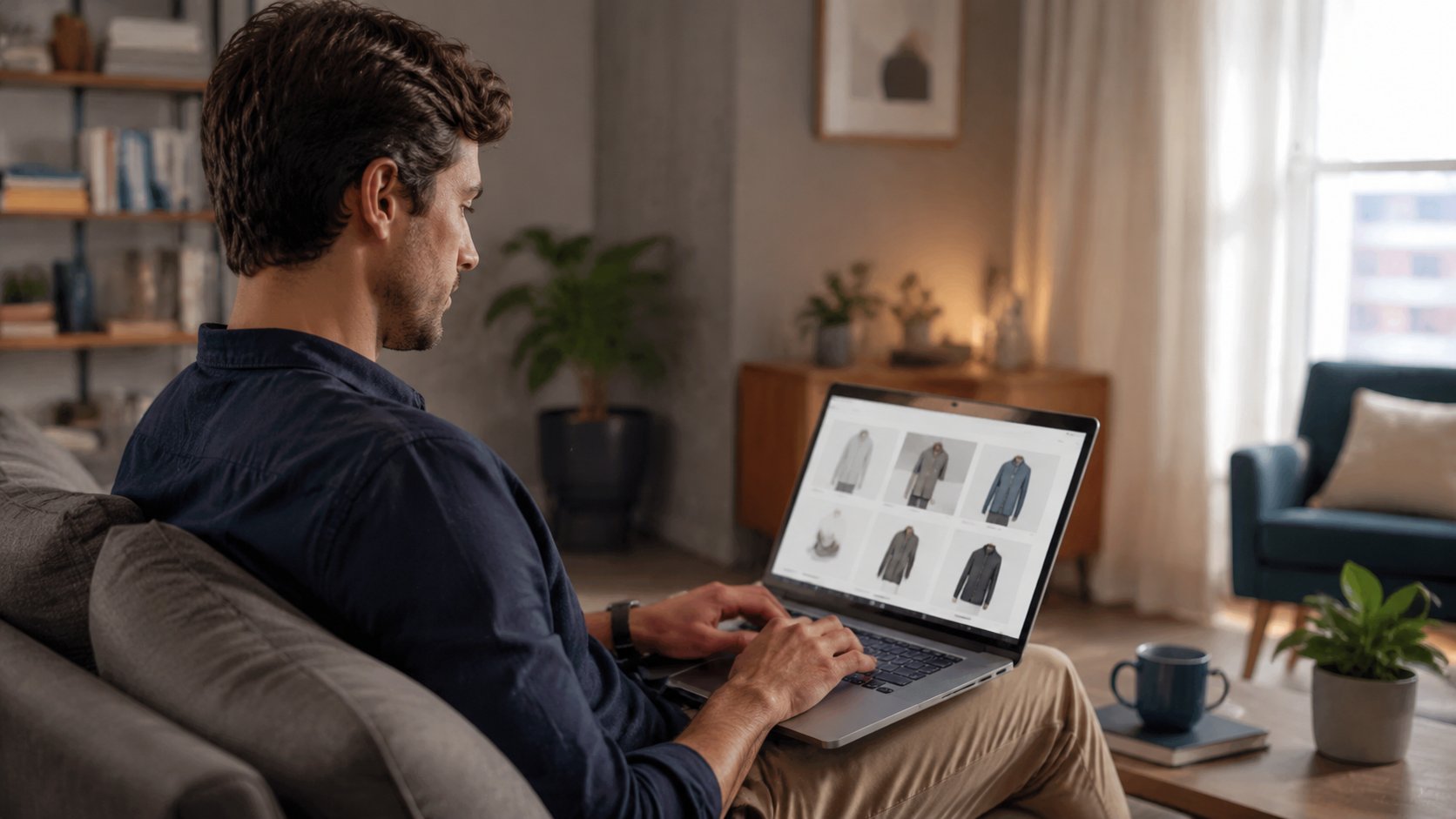 Muškarac na laptopu pregleda ponudu proizvoda lokalne online prodavnice iz svog doma.