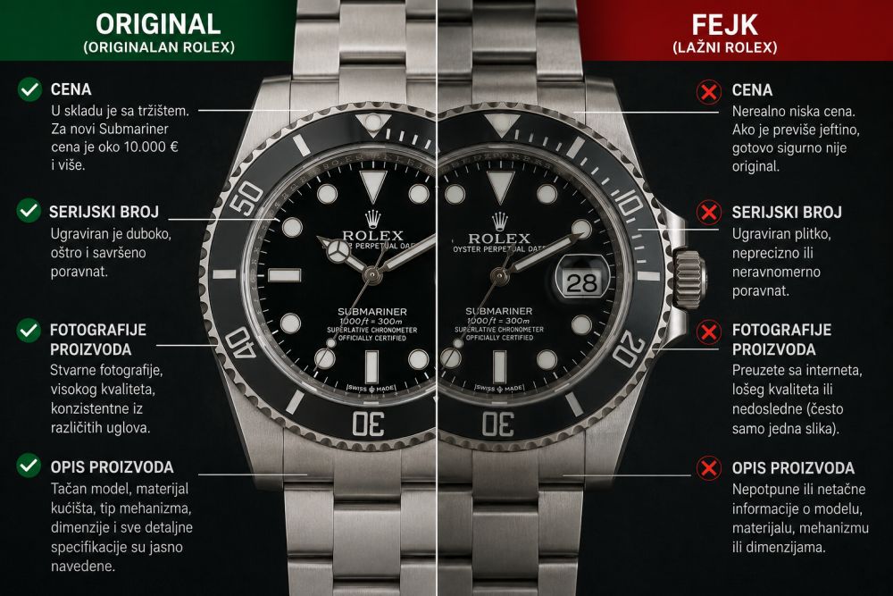 Infografik sa originalnim Rolex satom sa leve i lažnim primerkom sa desne strane, uz poređenje cene, serijskog broja, fotografija i opisa proizvoda
