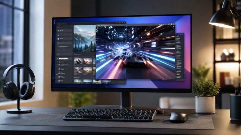 Monitor na radnom stolu sa prikazom brze video igre i više otvorenih prozora koji ilustruju značaj većeg osvežavanja ekrana