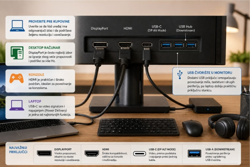 DisplayPort, HDMI, USB-C i USB priključci na monitoru povezani sa računarom i perifernim uređajima