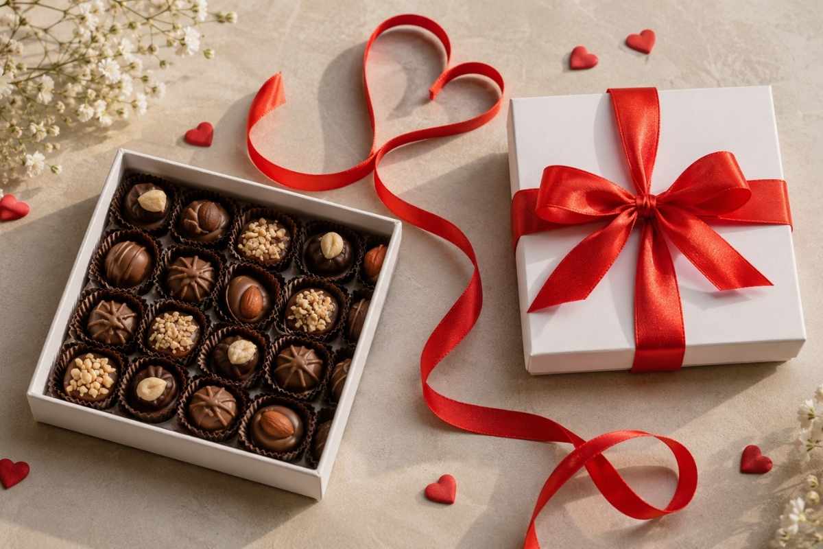 praline upakovane u poklon kutiju sa cvećem 